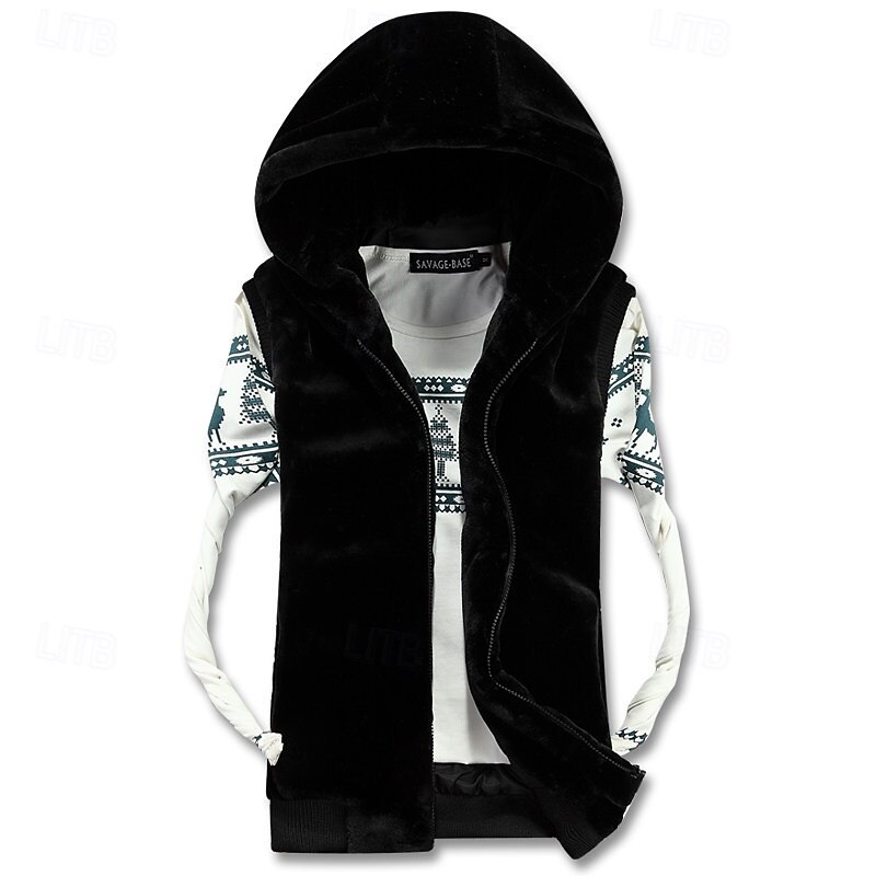 Men's Fleece Vest Hoodie Vest Vest Faux Fur Daily Date Vacation Fashion Casual Fall & Winter Pocket Polyester Warm Comfortable Solid Color Zipper Hooded Regular Fit Black White Light Grey Coffee Vest3