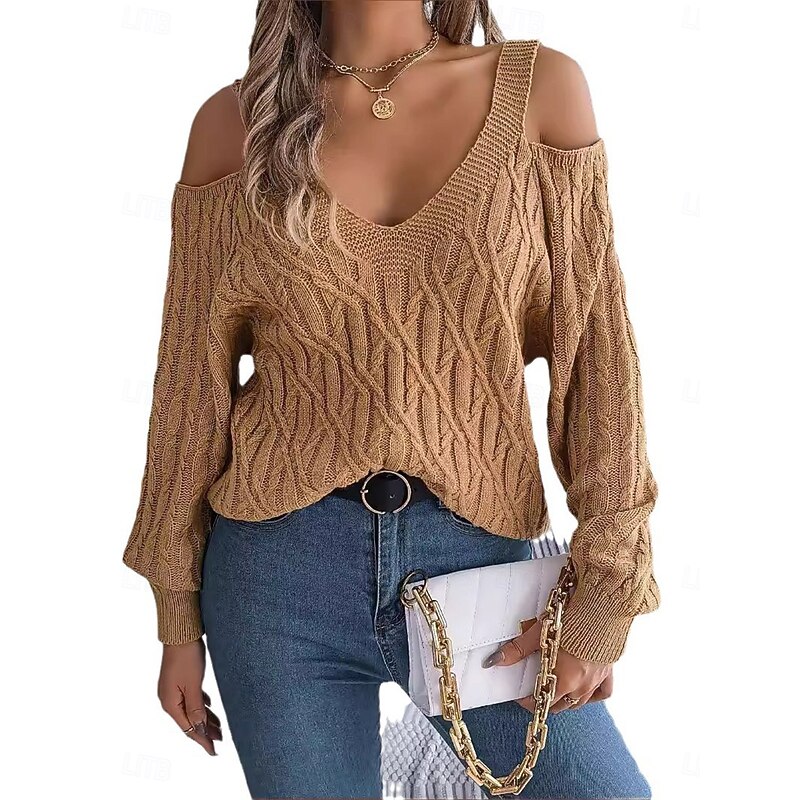 Women's Sweater Pullover Sweater Jumper Casual Soft Solid Color Ribbed V Neck Knitted Cold Shoulder Long Sleeve Regular Tops Knit Outdoor Daily Weekend White Khaki Fall Winter3