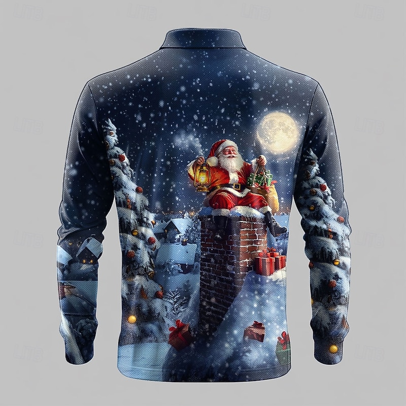 Christmas Men's Santa Claus Polo Shirts Golf Polos Shirts Long Sleeve Polo Shirts Collar Casual Party Evening Wear Dailywear Vacation Festival Buttons 3D Print Dark Blue2