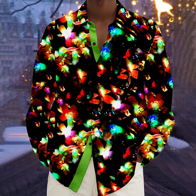 Christmas Men's Christmas Light Printed Shirts Sparkly Flash Hawaiian Button Up Beach Long Sleeve Party Evening New Years Eve Shirts Fall Winter Spring & Summer Collared Shirts 3D Print Thin Black