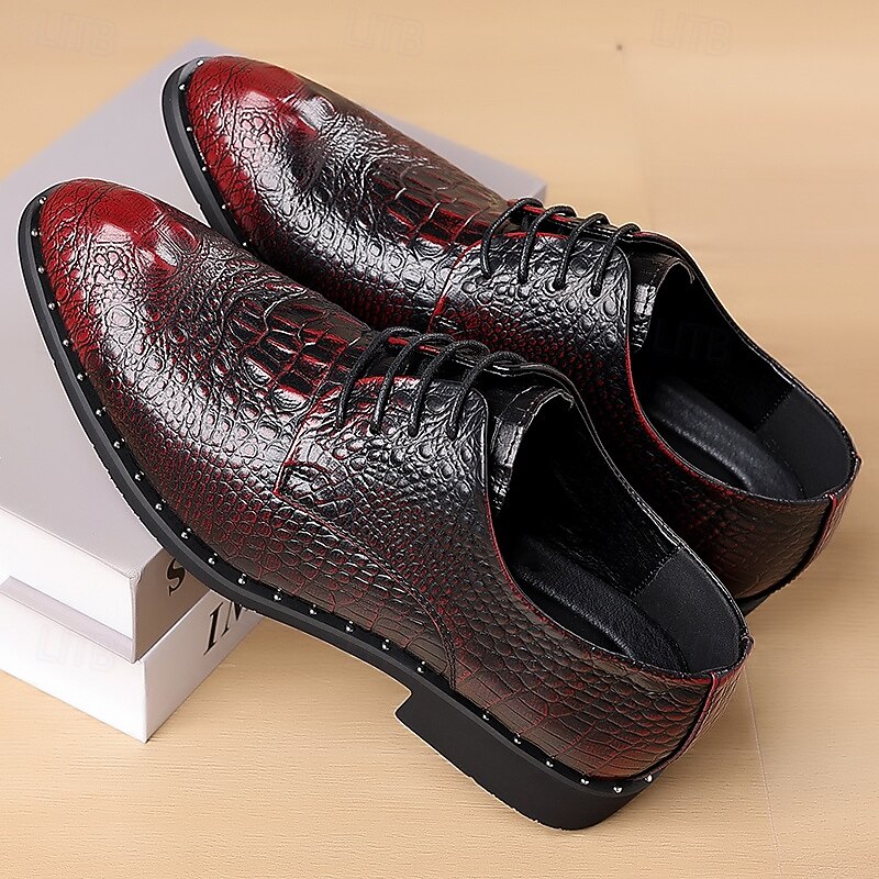 Men's Red and Black Crocodile Pattern Faux Leather Dress Shoes - Lace-Up Formal Oxfords with Embossed Design, Perfect for Business, Weddings, and Special Occasions3
