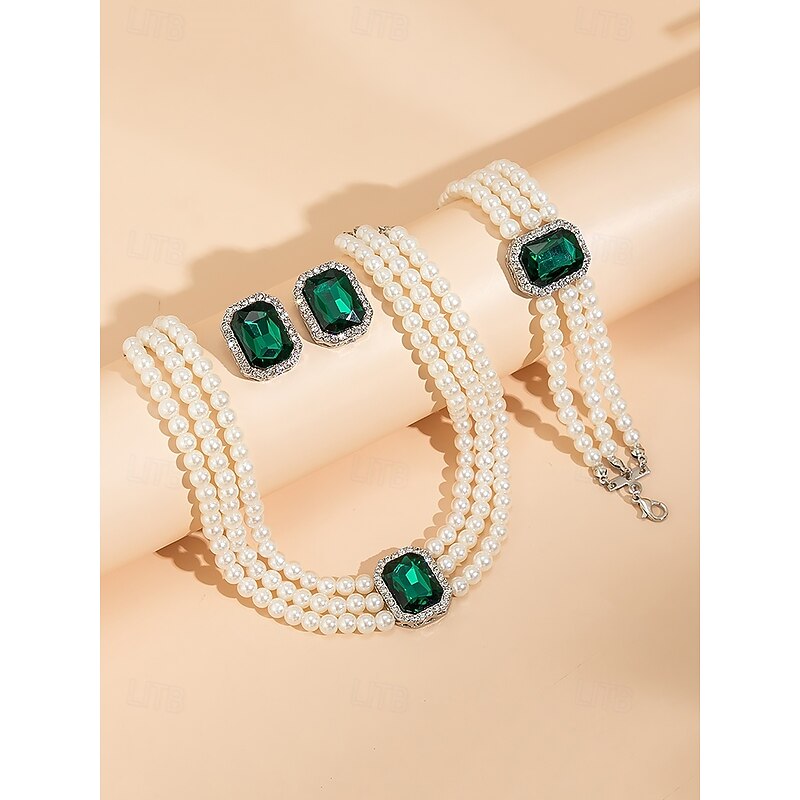 Elegant Women's Pearl Choker Necklace Set with Green Gemstone and Matching Bracelet & Earrings – Formal Occasion Jewelry