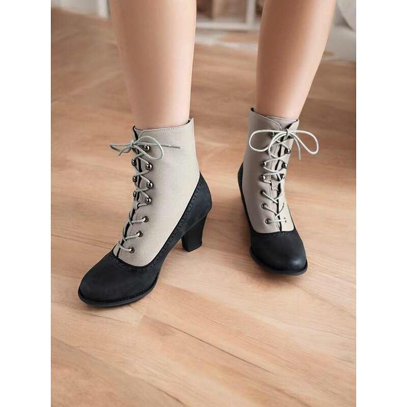 Victorian Vintage Lace-Up Ankle Boots with Heels for Women – Retro Style Faux Leather and Fabric High Heel Boots4