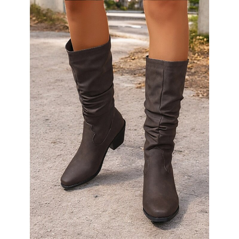 Women's Slouchy Mid-Calf Western Boots with Block Heel – Vintage-Inspired Brown Cowboy Boots for Casual and Everyday Wear3