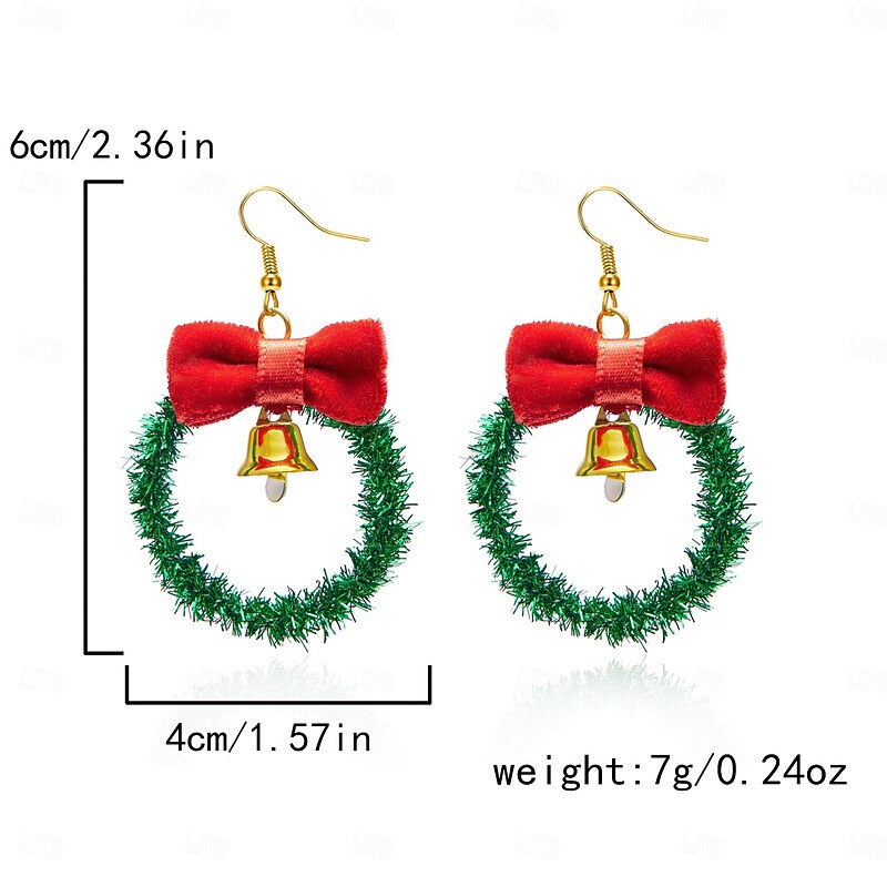 Christmas Wreath Dangle Earrings with Red Bow and Gold Bell Charm – Festive Holiday Jewelry for Women4
