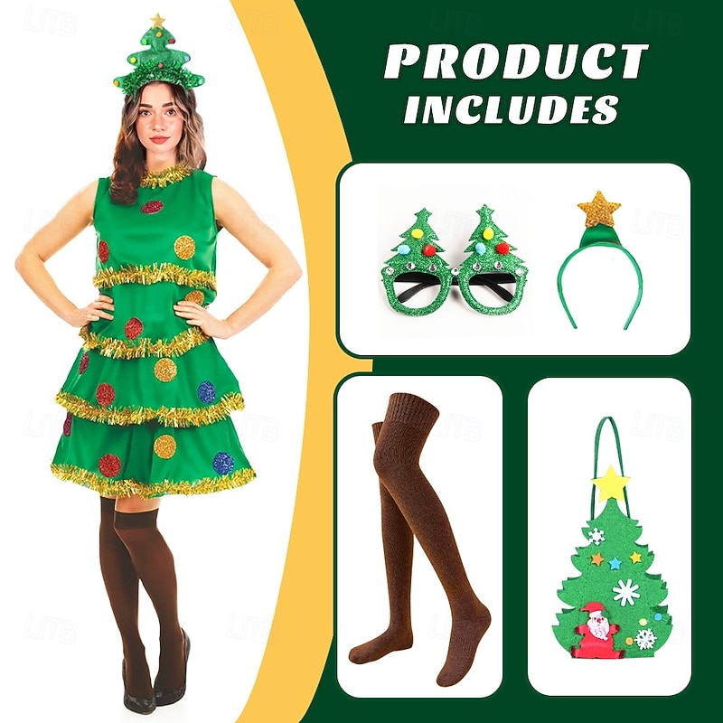 Christmas Trees Outfits Costume Women's Christmas Adults Christmas New Year Christmas Eve Christmas Party Dress Headpiece Socks3