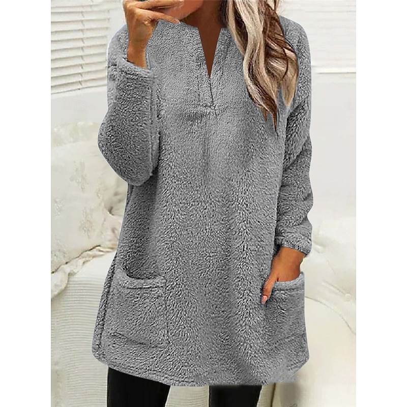 Women's Sweatshirt Casual Sherpa Plain Street Dailywear Crew Neck Pocket Long Sleeve Pink Beige Gray Fall Winter3