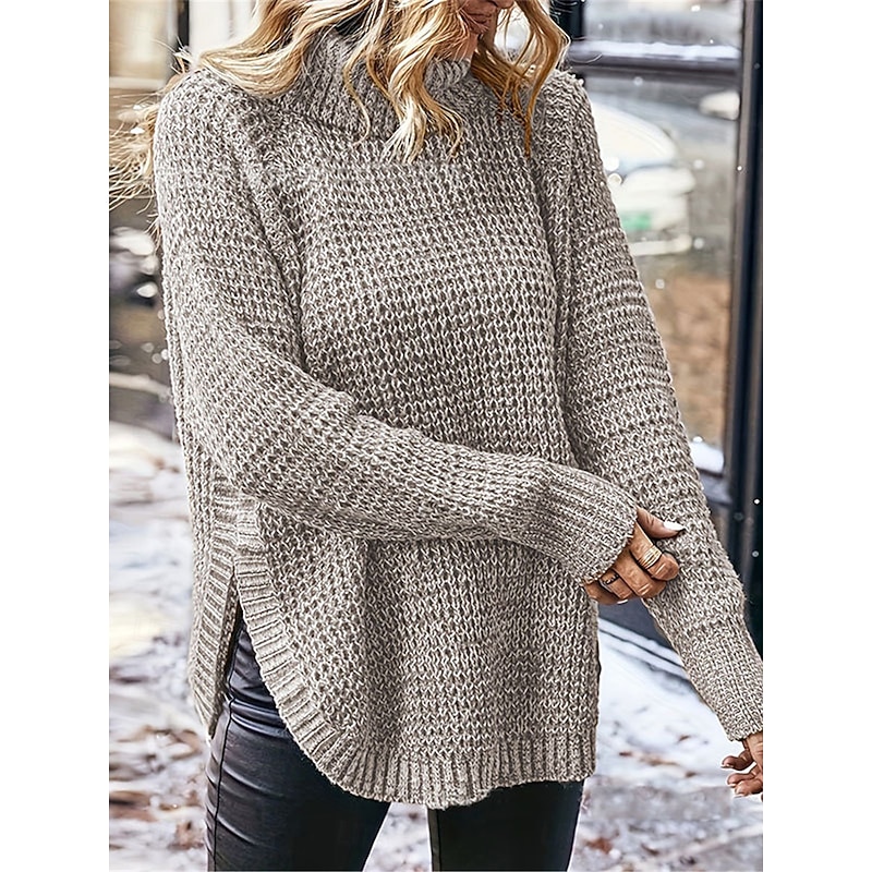 Women's Sweater Pullover Sweater Jumper Casual Soft Pure Color Chunky Turtleneck Split Knitted Long Sleeve Regular Tops Knit Outdoor Daily Weekend Khaki Fall Winter3