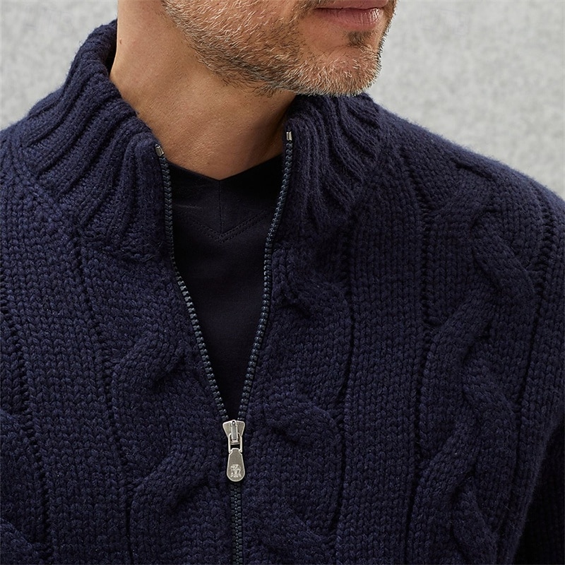 Men's Cardigan Sweater Knit Sweater Cable Knit Regular Full Zip Solid Color Collar Fashion Classic Daily Wear Date Clothing Apparel Fall & Winter Dark Navy M L XL2