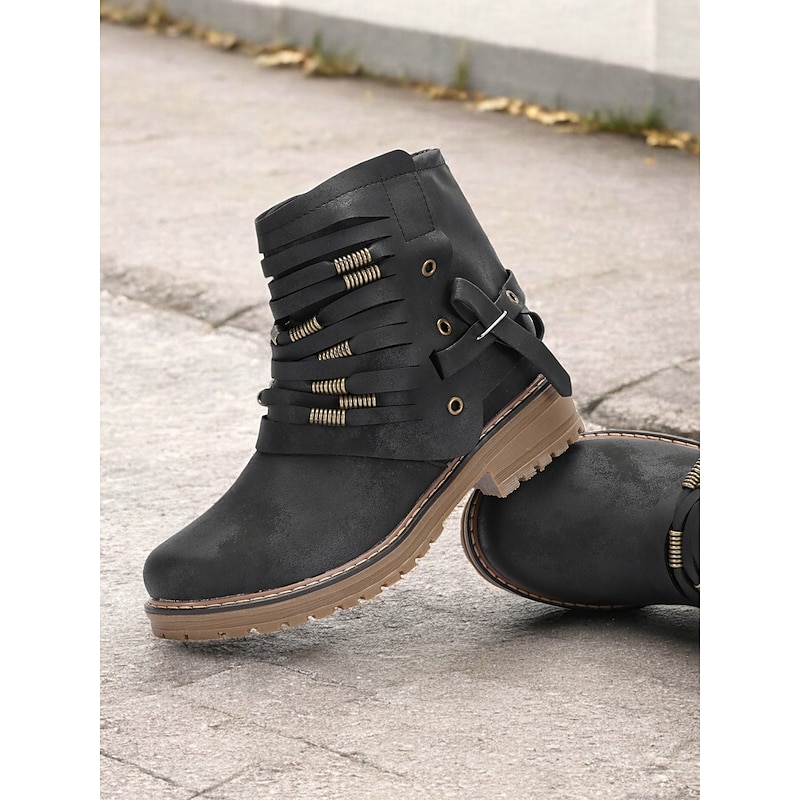 Women's Fringe Ankle Boots - Black Casual Low-Heel Booties with Buckle Strap and Rustic Detailing for Everyday Wear