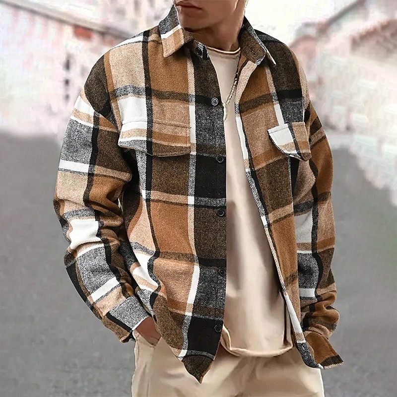 Men's Shirt Flannel Shirt Overshirt Plaid Outdoor Street Black Red Brown Long Sleeve Winter Spring &  Fall Clothing Apparel