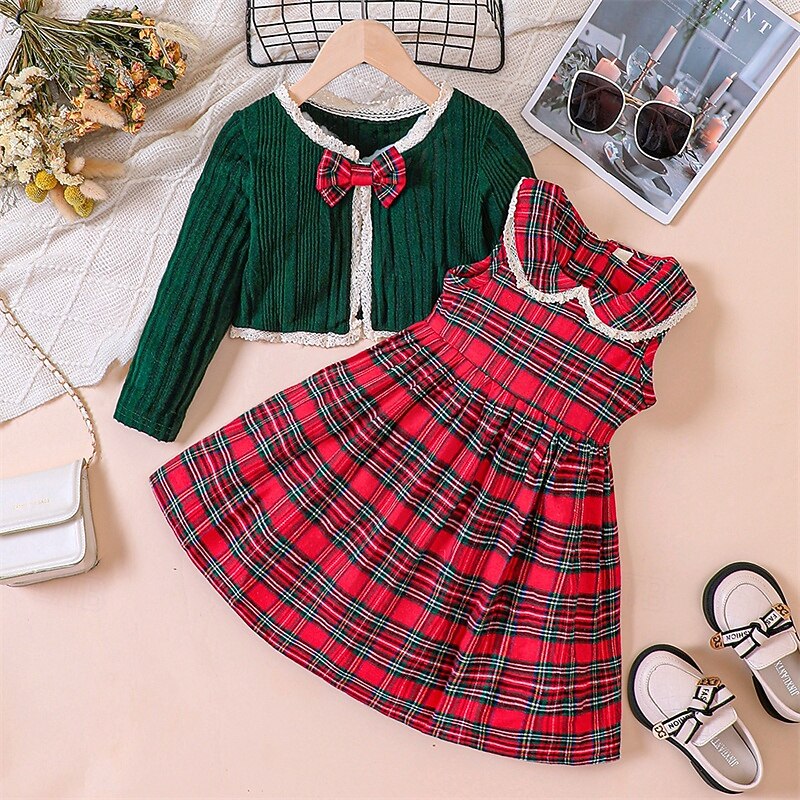 Kids Girls' Dress Plaid Ugly Long Sleeve Outdoor Party Tie Knot Adorable Beautiful Polyester Midi Casual Dress Dress Set Tank Dress Spring Fall 4 years+ Red