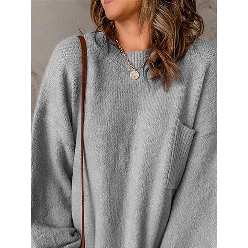 Women's Sweater Pullover Sweater Jumper Casual Soft Pure Color Ribbed Crew Neck Pocket Knitted Long Sleeve Regular Tops Knit Outdoor Daily Weekend Gray Fall Winter3