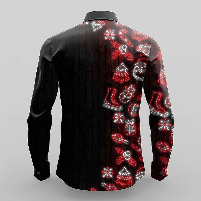Christmas Men's Santa Claus Christmas Tree Neon Dress Shirt Button Up Shirt Long Sleeve Casual Party Evening Wear Daily Festival Fall Winter Spring & Summer Shirt Collar Button Up 3D Print Black2