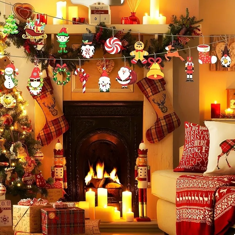 20pcs Christmas Wooden Ornaments Set, Featuring Elf, Gingerbread Man, and Snowman Patterns, Perfect for Tree, Wall, and Garden Decor, Ideal Holiday Party Gifts and Gift Tags2