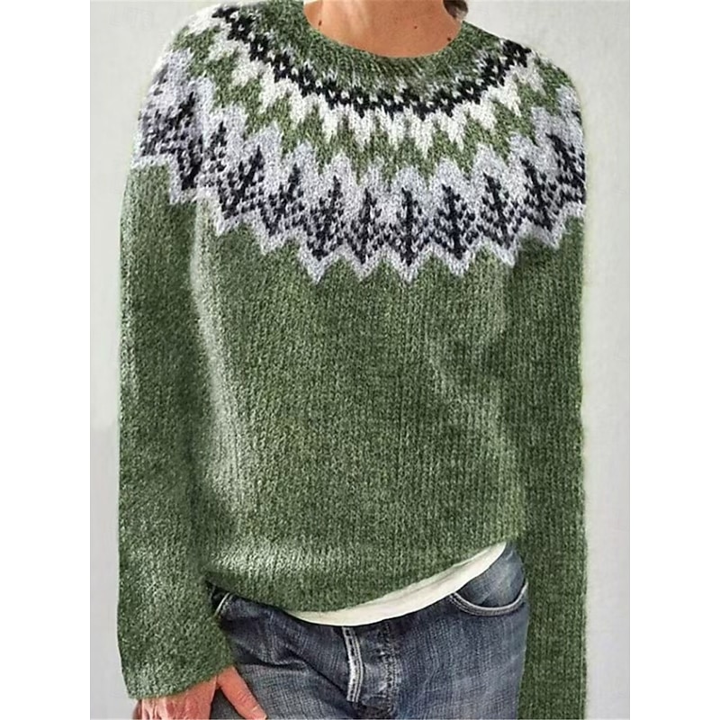 Women's Sweater Pullover Sweater Jumper Casual Soft Geometric Ribbed Crew Neck Knitted Long Sleeve Regular Tops Knit Outdoor Daily Weekend Black Light Green Fall Winter3