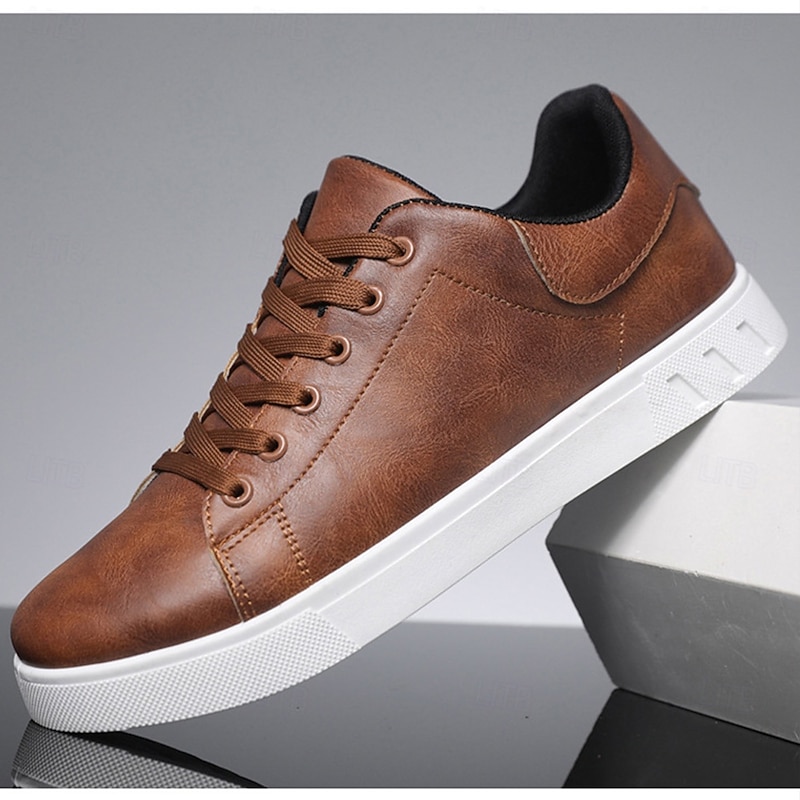 Men's Brown Casual Lace-Up Sneakers - Minimalist Design with White Sole, Everyday Comfort