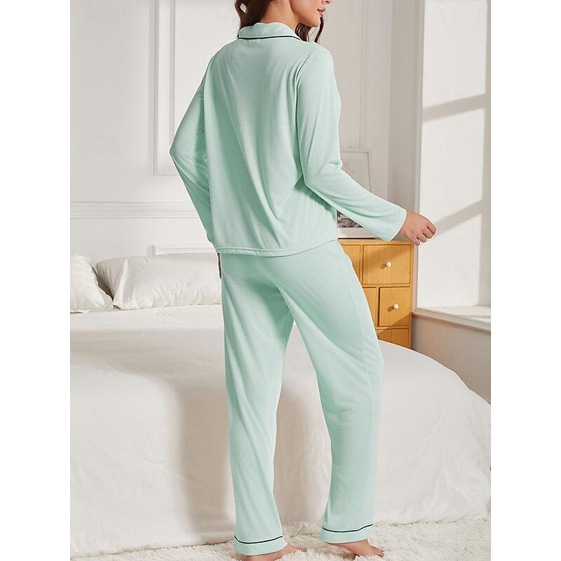 Women's Pajama Set Pure Color Casual Comfort Home Daily Comfort Warm Lapel Long Sleeve Shirt Pant Button Up Elastic Waist Fall Winter Home Outfits 11