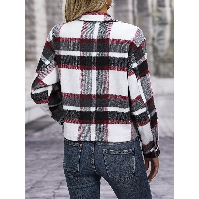 Women's Coat Outdoor Street Daily Wear Fall Winter Short Coat Regular Fit Thermal Warm Breathable Stylish Casual Jacket Long Sleeve Stripes and Plaid with Pockets Print Red Green Khaki2