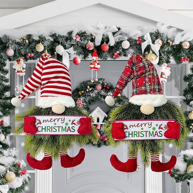 Christmas Gnome Wreath for Front Door Outdoor Door Winter Wreath Sign, Decorative Elf Hanging Ornament for Front Door, Festive Wall Decor for Holiday Season, Indoor Christmas Wreath