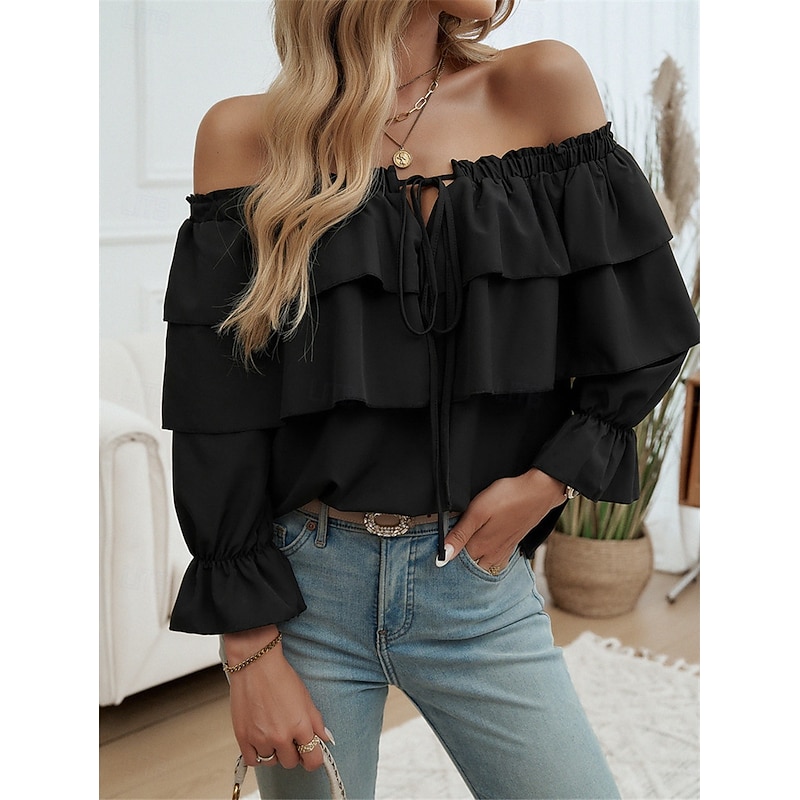 Women's Shirt Blouse Solid Color Basic Casual Long Sleeve Off Shoulder Regular Tops Daily Ruffle Backless Black White Fall4