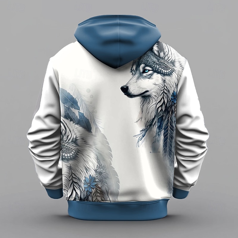 Men's Wolf Hoodie Hoodies Sweatshirt Fashion Cool Long Sleeve Hooded Vacation Gym Blue Drawstring Fall Winter Designer2