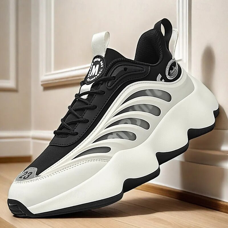 Men's Futuristic Black & White Chunky Sole Sneakers - Lightweight Breathable Athletic Shoes for Casual Wear or Running