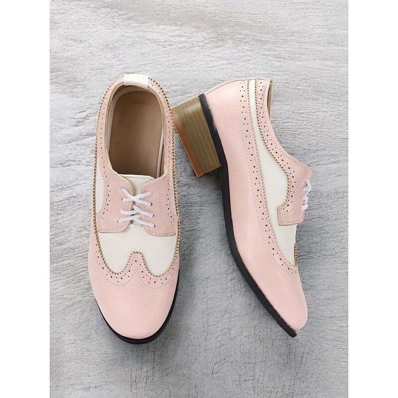 Women's Vintage Two-Tone Oxford Shoes - Pink and White Brogue Lace-Up Low Heel for Retro Style and Everyday Wear3