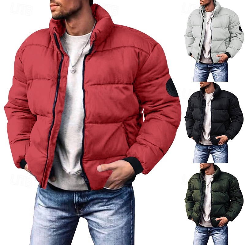Men's Winter Coat Winter Jacket Puffer Jacket Cardigan Pocket Zipper Pocket Going out Casual Daily Hiking Windproof Warm Winter Pure Color Black Red Light Grey Army Green Puffer Jacket2