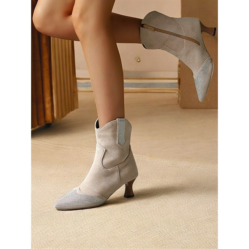Chic Women's Rhinestone Embellished Ankle Boots with Kitten Heel and Zip Closure - Ideal for Evening Wear2