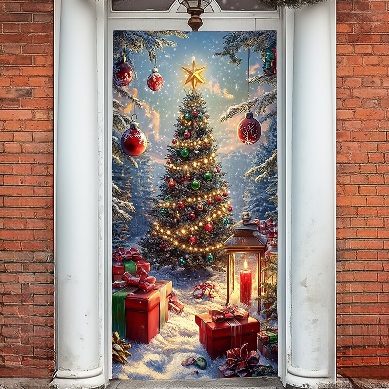 Christmas Door Decorations Door Covers Xmas Tree Door Tapestry Door Curtain Decoration Backdrop Indoor/Outdoor Door Banner for Front Door Farmhouse Christmas Tree Lights4