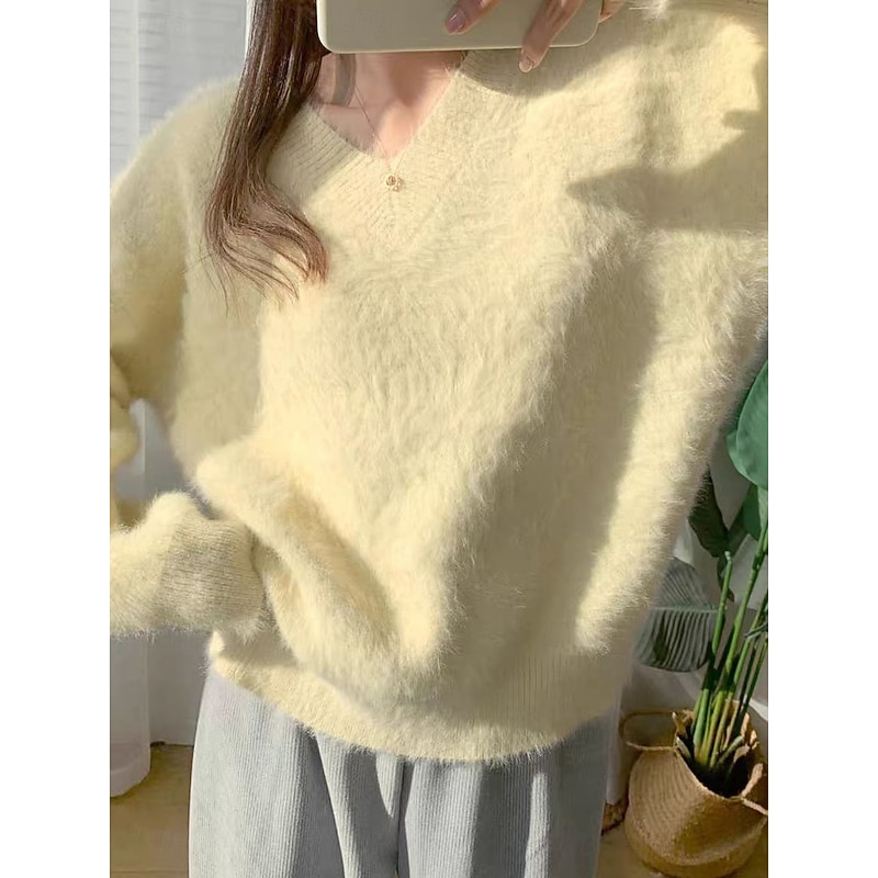Women's Sweater Pullover Sweater Fuzzy Jumper V Neck Ribbed Knit Knitted Fall Winter Outdoor Daily Weekend Casual Soft Long Sleeve Pure Color Yellow Blue3