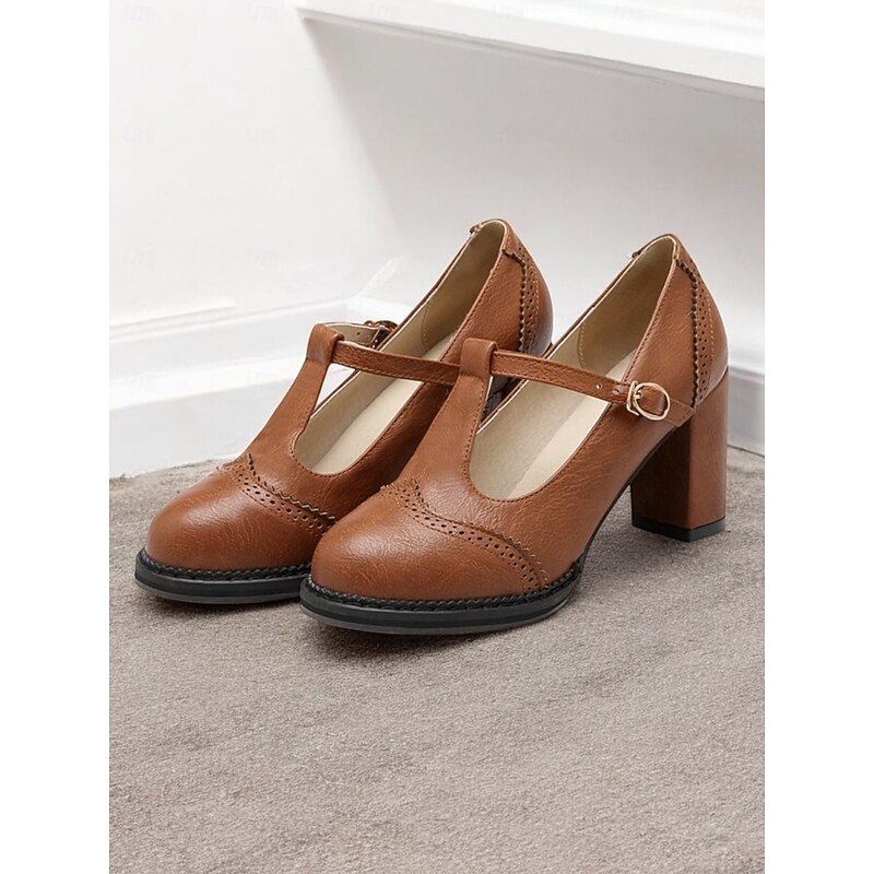 Women's Vintage Brown Mary Jane Block Heel Shoes with T-Strap – Classic Retro Style for Everyday and Office Wear2