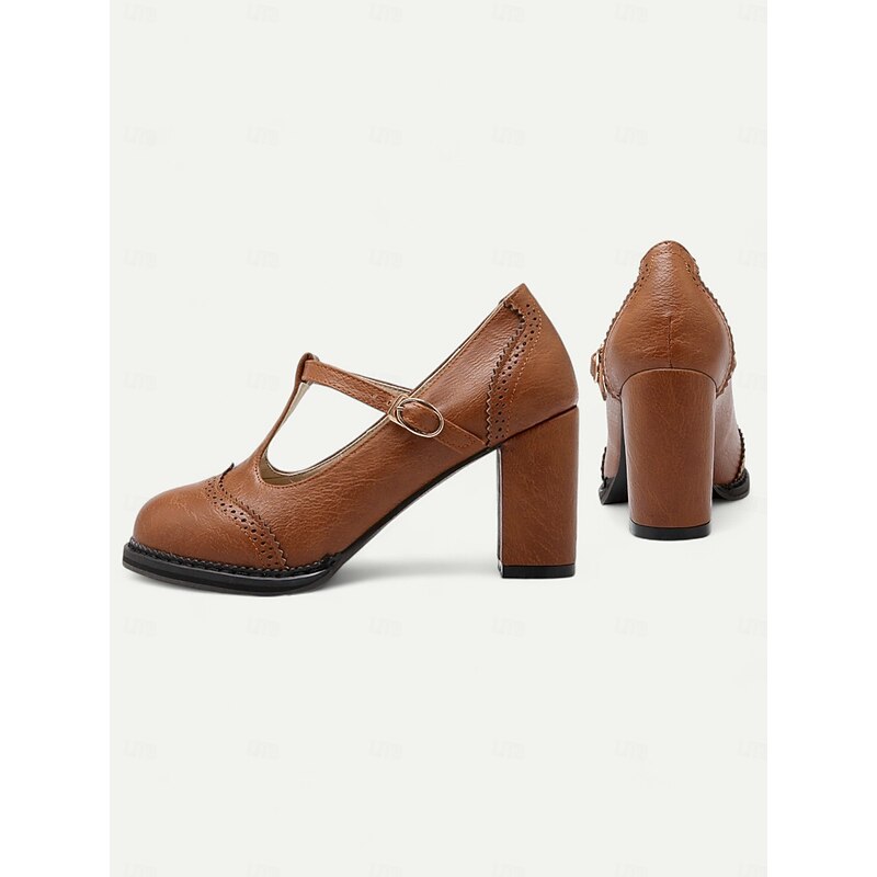 Women's Vintage Brown Mary Jane Block Heel Shoes with T-Strap – Classic Retro Style for Everyday and Office Wear3