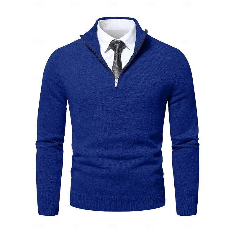 Men's Sweater Pullover Sweater Jumper Dress Sweater Ribbed Knit Cropped Zipper Knitted Solid Color Stand Collar Stylish Basic Outdoor Daily Clothing Apparel Fall Winter Black Royal Blue S M L3