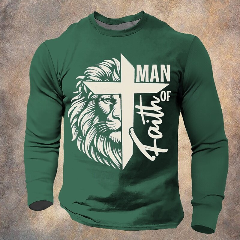 Men's Lion Cross Faith T Shirt Long Sleeve T shirt 3D Print Crew Neck Shirt Fashion Daily Designer Street Casual Black Blue Green Summer Spring Fall Clothing Apparel S M L XL XXL XXXL2