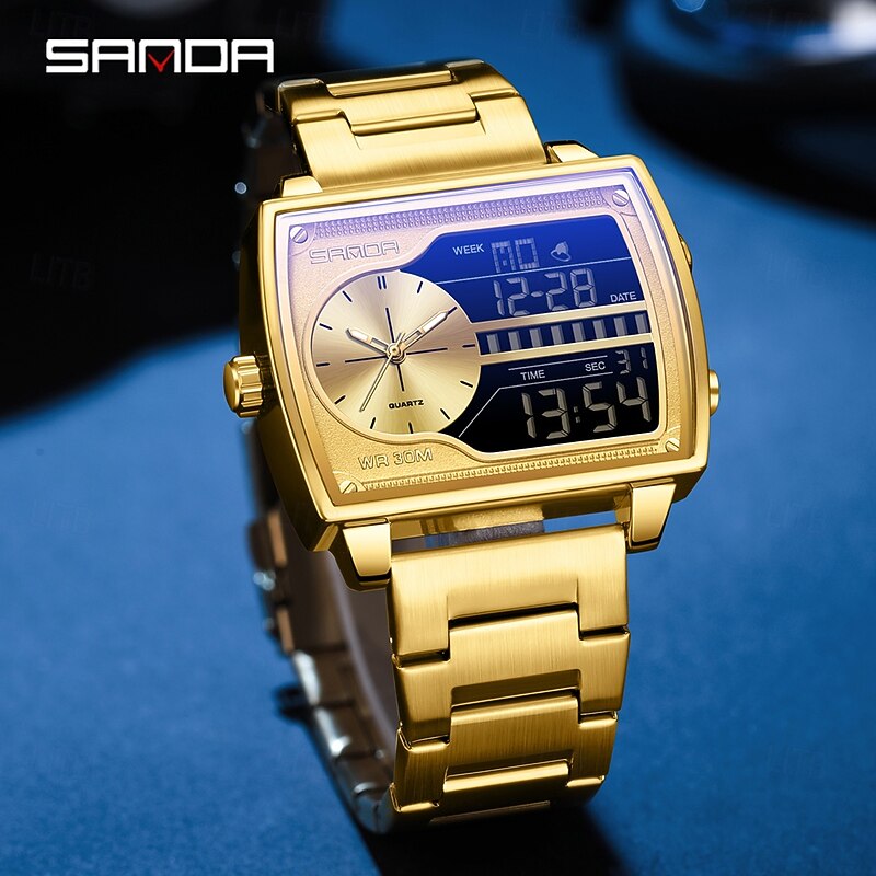 SANDA Men Digital Watch Fashion Casual Wristwatch Shock Resistant Luminous Stopwatch Alarm Clock Countdown Steel Leather Watch2