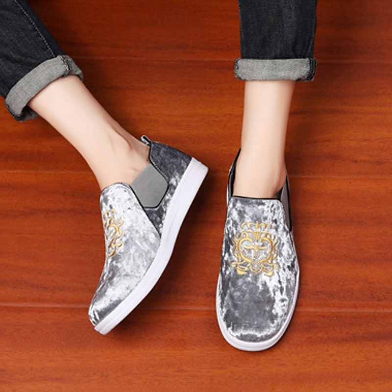 Men's Burgundy Velvet Slip-On Loafers with Golden Embroidery and White Sole – Luxurious Casual Shoes for Parties and Events3