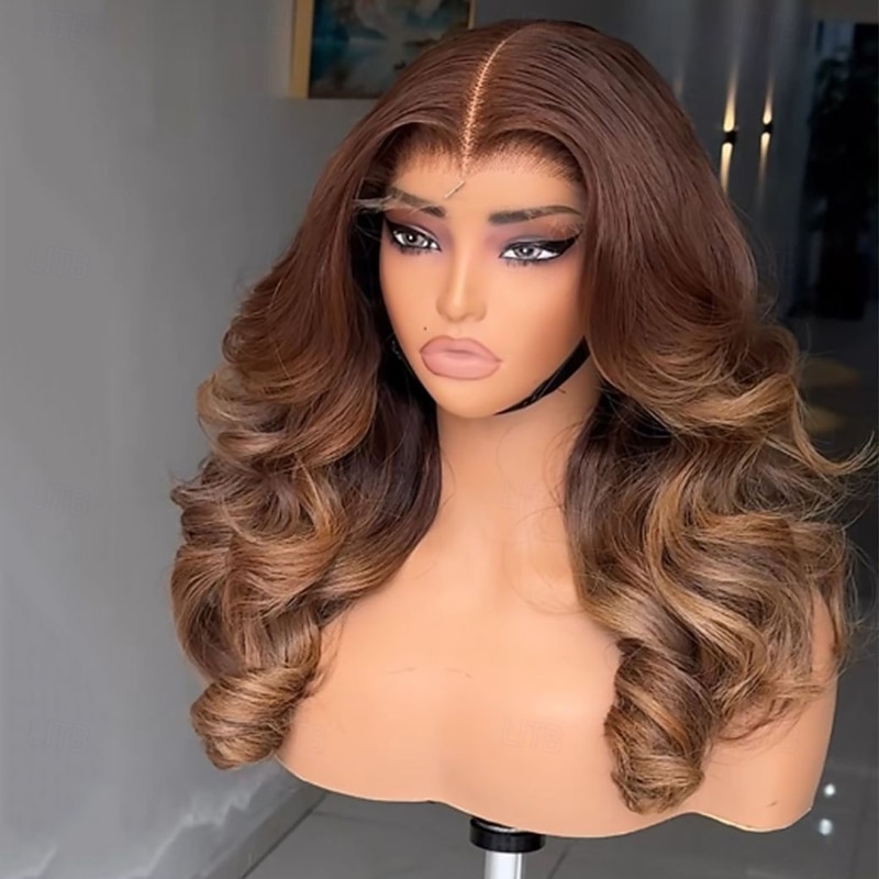 Brazilian Virgin Human Hair Glueless Ombre Lace Front Wavy Wig Auburn Light Brown Human Hair Wig  Two Tone Colored Wigs Pre-Plucked For Women2