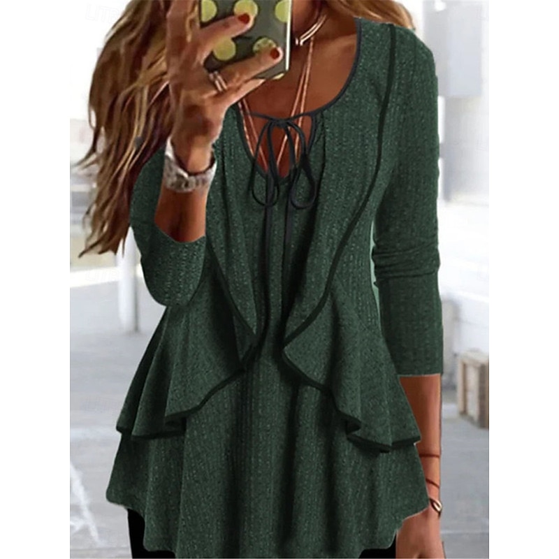 Women's Shirt Blouse Solid Color Basic Casual Long Sleeve V Neck Regular Tops Daily Ruffle Blue Green Gray Fall Winter4