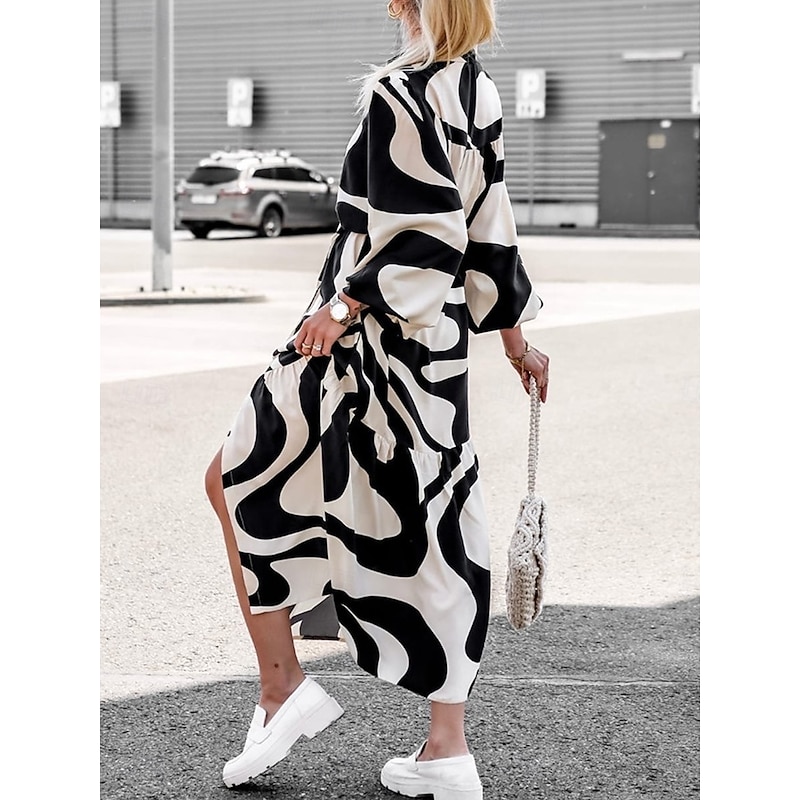 Women's Color Block Shirt Collar Maxi Dress Long Sleeve Spring Fall2