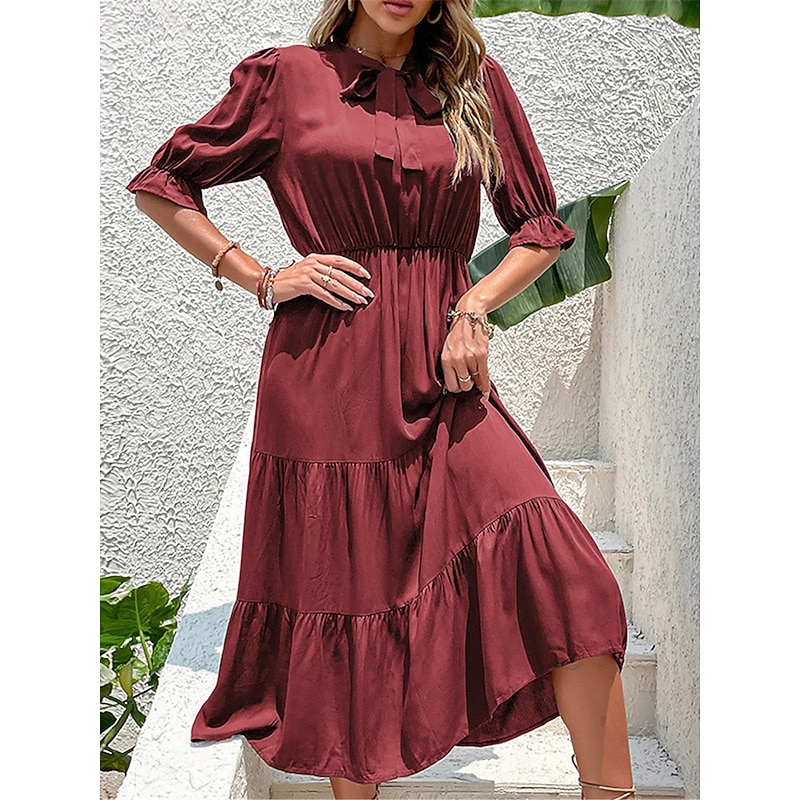 Women's Casual Dress Midi Dress Ruffle Casual Stand Collar Half Sleeve Black Wine Green Color2