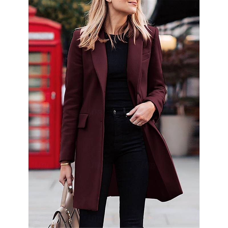 Women's Coat Outdoor Office Street Fall Winter Long Coat Regular Fit Thermal Warm Breathable Stylish Casual Jacket Long Sleeve Plain with Pockets Black Red Coffee4