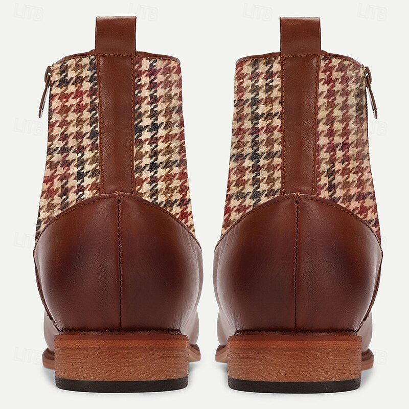 Men's Vintage Houndstooth Ankle Boots with Faux Leather Accents and Decorative Buttons – Stylish Formal Boots for Fall and Winter 5