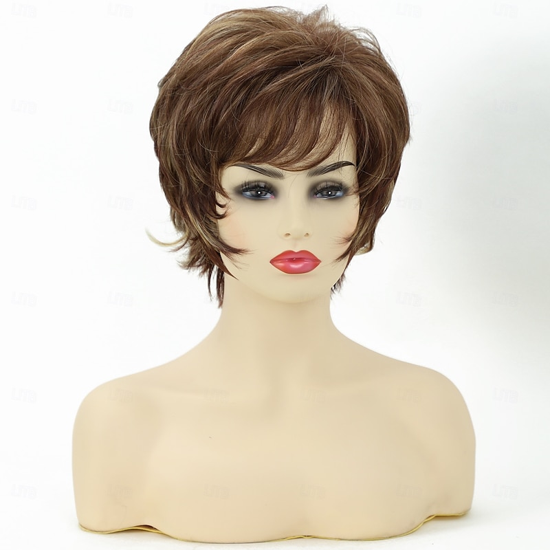 Brown Wig Short Layered Pixie Cut Hair Wigs for Women Synthetic Cosplay Wig with Bangs Female Wig Custome Party4