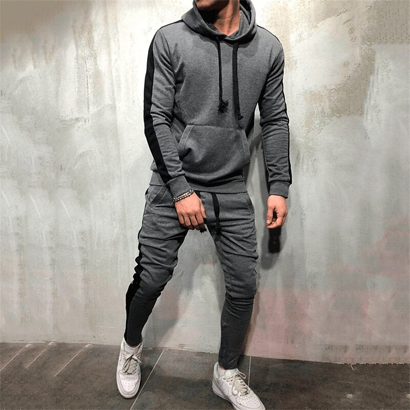 Men's Tracksuit Jogging Suit Drawstring Pocket Color Block Hoodie Jacket and Sweatpants Athletic Clothing Set Spring Dark Grey Black Gym Workout Jogging Running Soft Breathable Long Sleeve Sport3