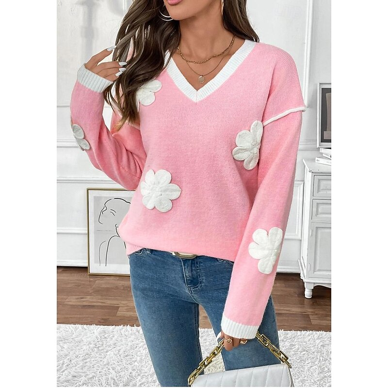 Women's Sweater Crew Neck Knit Embroidery Spring Fall Elegant 3/4 Length Sleeve Solid Color Pink4