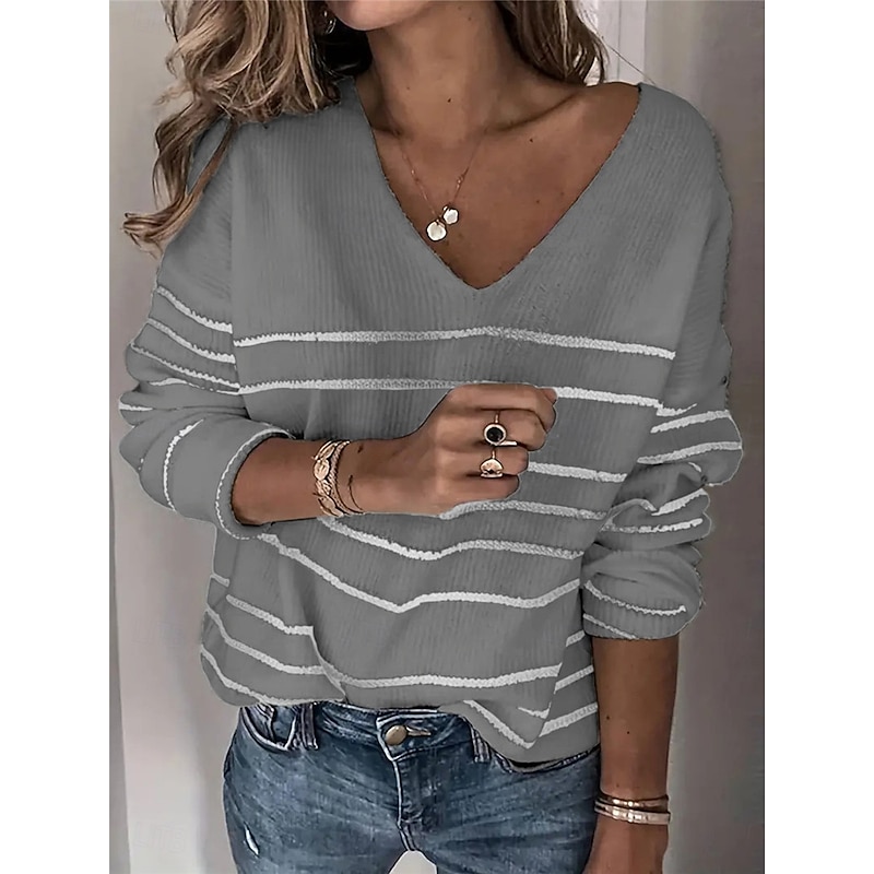 Women's Sweater Pullover Sweater Jumper Casual Soft Striped Ribbed V Neck Knitted Long Sleeve Regular Tops Knit Outdoor Daily Weekend Khaki Gray Fall Winter