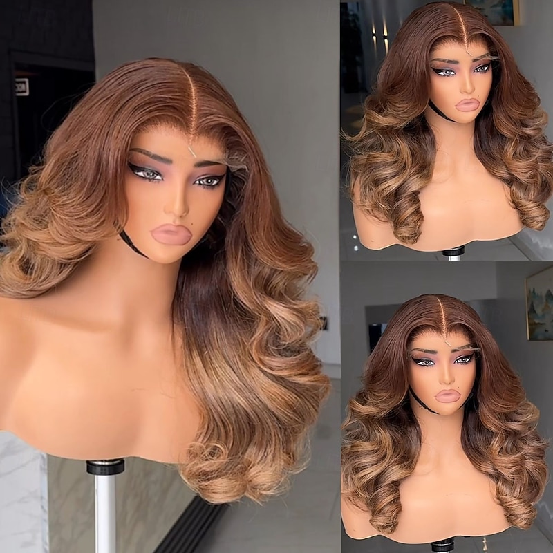 Brazilian Virgin Human Hair Glueless Ombre Lace Front Wavy Wig Auburn Light Brown Human Hair Wig  Two Tone Colored Wigs Pre-Plucked For Women3
