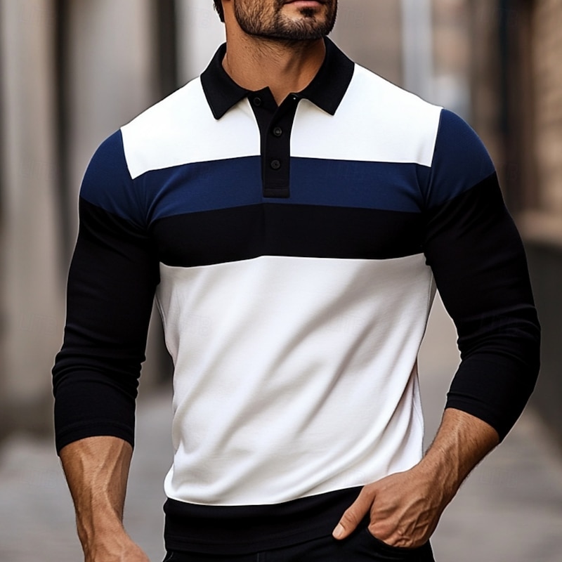Men's Solid Color Rugby Polo Shirts Long Sleeve Polo Shirts Lapel Classic Fashion 3D Print Modern Casual Sports Pocket Fall Winter White Light Blue Grey